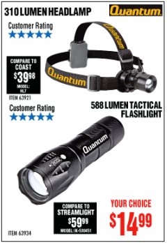 Harbor Freight Coupon 310 LUMEN ADJUSTABLE HEADLAMP/588 LUMEN TACTICAL FLASHLIGHT Lot No. 63921/63934/64799 Expired: 10/31/19 - $14.99