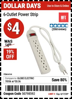 Harbor Freight Coupon HFT 6-OUTLET POWER STRIP Lot No. 64144 Valid Thru: 6/17/26 - $4