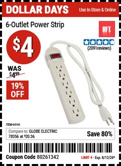 Harbor Freight Coupon HFT 6-OUTLET POWER STRIP Lot No. 64144 Valid Thru: 8/12/26 - $4
