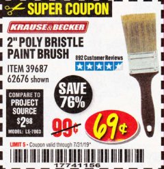 Harbor Freight Coupon 2 IN. PROFESSIONAL PAINT BRUSH Lot No. 39687/62676 Expired: 7/31/19 - $0.69