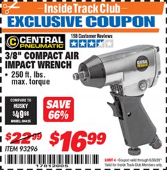 Harbor Freight ITC Coupon 3/8" AIR IMPACT WRENCH Lot No. 93296 Expired: 6/30/20 - $16.99