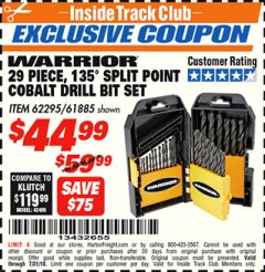 Harbor Freight ITC Coupon WARRIOR 135° SPLIT POINT COBALT DRILL BIT SET, 29-PIECE Lot No. 61885 Expired: 7/31/18 - $44.99