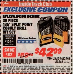 Harbor Freight ITC Coupon WARRIOR 135° SPLIT POINT COBALT DRILL BIT SET, 29-PIECE Lot No. 61885 Expired: 7/31/19 - $42.99