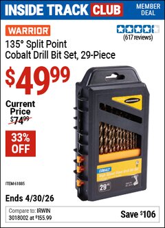 Harbor Freight Coupon WARRIOR 135&deg; SPLIT POINT COBALT DRILL BIT SET, 29-PIECE Lot No. 61885 Valid: 12/31/69 - 4/30/26 - $49.99