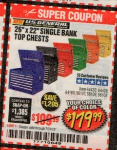 Harbor Freight Coupon 26"X 22" SINGLE BANK TOP CHESTS  Lot No. 64430/64428/61460/56107/56109/56108 Expired: 7/31/19 - $179.99