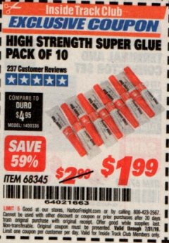 Harbor Freight ITC Coupon HIGH STRENGTH SUPER GLUE PACK OF 10 Lot No. 68345 Expired: 7/31/19 - $1.99