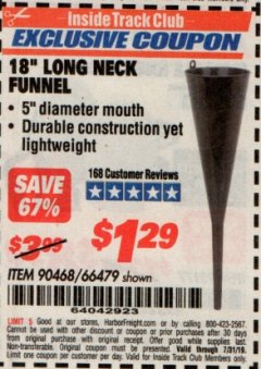 Harbor Freight ITC Coupon 18" LONG NECK FUNNEL Lot No. 90468/66479 Expired: 7/31/19 - $1.29