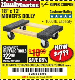 Harbor Freight Coupon 18"X12", 1000 LB. HARDWOOD MOVER'S DOLLY Lot No. 63095/63098/63097/60497/63096/61899 Expired: 1/27/20 - $7.99