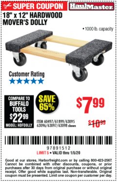 Harbor Freight Coupon 18"X12", 1000 LB. HARDWOOD MOVER'S DOLLY Lot No. 63095/63098/63097/60497/63096/61899 Expired: 1/5/20 - $7.99