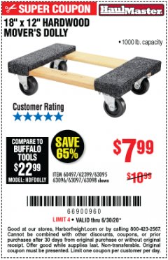 Harbor Freight Coupon 18"X12", 1000 LB. HARDWOOD MOVER'S DOLLY Lot No. 63095/63098/63097/60497/63096/61899 Expired: 6/30/20 - $7.99