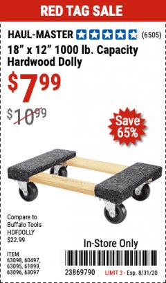 Harbor Freight Coupon 18"X12", 1000 LB. HARDWOOD MOVER'S DOLLY Lot No. 63095/63098/63097/60497/63096/61899 Expired: 8/31/20 - $7.99