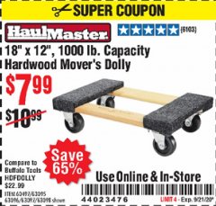 Harbor Freight Coupon 18"X12", 1000 LB. HARDWOOD MOVER'S DOLLY Lot No. 63095/63098/63097/60497/63096/61899 Expired: 9/21/20 - $7.99