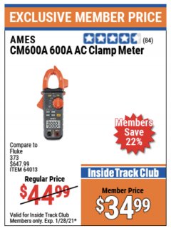 Harbor Freight ITC Coupon 600A AC CLAMP METER Lot No. 64013 Expired: 1/28/21 - $34.99