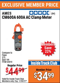 Harbor Freight ITC Coupon 600A AC CLAMP METER Lot No. 64013 Expired: 1/28/21 - $34.99