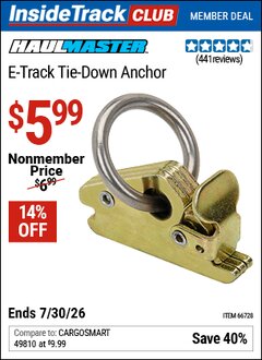 Harbor Freight ITC Coupon HAUL-MASTER E-TRACK TIE-DOWN ANCHOR Lot No. 66728 Valid Thru: 7/30/26 - $5.99