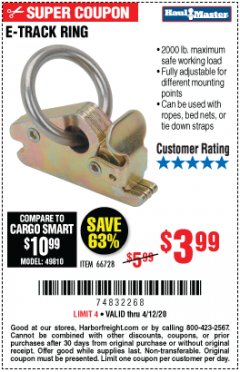 Harbor Freight Coupon E-TRACK RING Lot No. 66728 Expired: 6/30/20 - $3.99