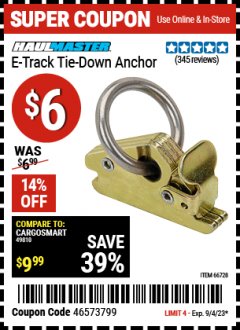 Harbor Freight Coupon E-TRACK RING Lot No. 66728 Expired: 9/4/23 - $6