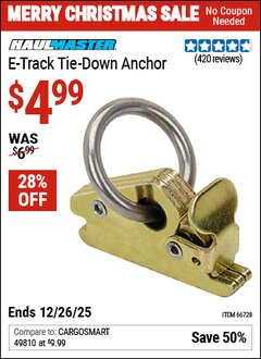 Harbor Freight Coupon HAUL-MASTER E-TRACK TIE-DOWN ANCHOR Lot No. 66728 EXPIRES: 12/26/25 - $4.99