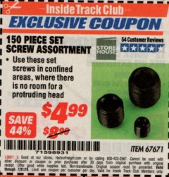 Harbor Freight ITC Coupon 150 PIECE SET SCREW ASSORTMENT Lot No. 67671 Expired: 7/31/19 - $4.99