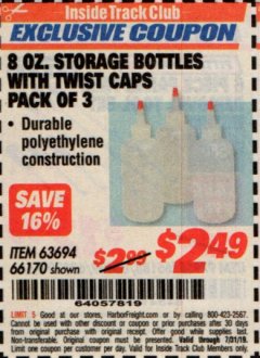 Harbor Freight ITC Coupon 8 OZ. STORAGE BOTTLES WITH TWIST CAPS PACK OF 3 Lot No. 63694, 66170 Expired: 7/31/19 - $2.49