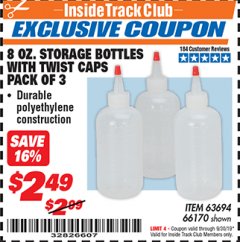 Harbor Freight ITC Coupon 8 OZ. STORAGE BOTTLES WITH TWIST CAPS PACK OF 3 Lot No. 63694/66170 Expired: 9/30/19 - $2.49