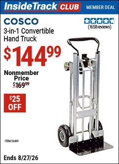 Harbor Freight ITC Coupon COSCO 3-IN-1 CONVERTIBLE HAND TRUCK Lot No. 56409 Valid Thru: 8/27/26 - $144.99