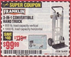 Harbor Freight Coupon FRANKLIN 3-IN-1 CONVERTIBLE HAND TRUCK Lot No. 56409 Expired: 7/31/19 - $99.99