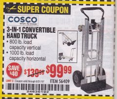 Harbor Freight Coupon COSCO 3-IN-1 CONVERTIBLE HAND TRUCK Lot No. 56409 Expired: 8/31/19 - $99.99