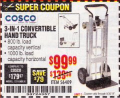 Harbor Freight Coupon COSCO 3-IN-1 CONVERTIBLE HAND TRUCK Lot No. 56409 Expired: 9/30/19 - $99.99