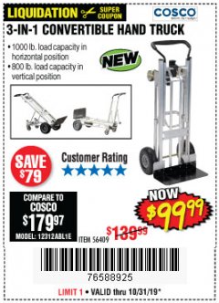 Harbor Freight Coupon COSCO 3-IN-1 CONVERTIBLE HAND TRUCK Lot No. 56409 Expired: 10/31/19 - $99.99