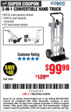 Harbor Freight Coupon FRANKLIN 3-IN-1 CONVERTIBLE HAND TRUCK Lot No. 56409 Expired: 2/23/20 - $99.99