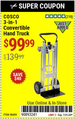 Harbor Freight Coupon COSCO 3-IN-1 CONVERTIBLE HAND TRUCK Lot No. 56409 Expired: 7/31/20 - $99.99