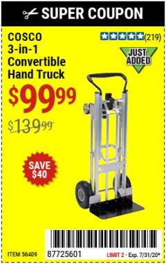 Harbor Freight Coupon FRANKLIN 3-IN-1 CONVERTIBLE HAND TRUCK Lot No. 56409 Expired: 7/31/20 - $99.99