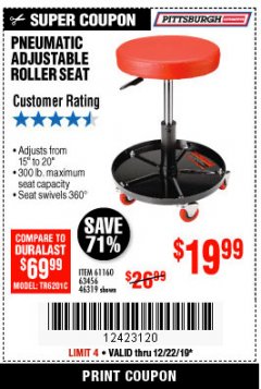 Harbor Freight Coupon MECHANIC'S ROLLER SEAT, PNEUMATIC ADJUSTABLE ROLLER SEAT Lot No. 61653, 3338, 61896, 61160, 63456, 46319 Expired: 12/22/19 - $19.99