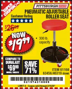 Harbor Freight Coupon MECHANIC'S ROLLER SEAT, PNEUMATIC ADJUSTABLE ROLLER SEAT Lot No. 61653, 3338, 61896, 61160, 63456, 46319 Expired: 2/15/20 - $19.99