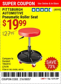 Harbor Freight Coupon MECHANIC'S ROLLER SEAT, PNEUMATIC ADJUSTABLE ROLLER SEAT Lot No. 61653, 3338, 61896, 61160, 63456, 46319 Expired: 12/31/20 - $19.99