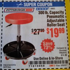 Harbor Freight Coupon MECHANIC'S ROLLER SEAT, PNEUMATIC ADJUSTABLE ROLLER SEAT Lot No. 61653, 3338, 61896, 61160, 63456, 46319 Expired: 2/22/21 - $19.99