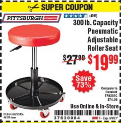 Harbor Freight Coupon MECHANIC'S ROLLER SEAT, PNEUMATIC ADJUSTABLE ROLLER SEAT Lot No. 61653, 3338, 61896, 61160, 63456, 46319 Expired: 3/3/21 - $19.99