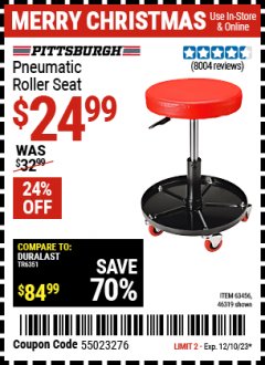 Harbor Freight Coupon MECHANIC'S ROLLER SEAT, PNEUMATIC ADJUSTABLE ROLLER SEAT Lot No. 61653/3338/61896/61160/63456/46319 Expired: 12/10/23 - $24.99