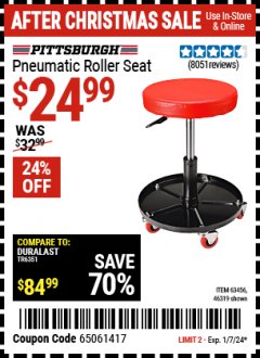 Harbor Freight Coupon MECHANIC'S ROLLER SEAT, PNEUMATIC ADJUSTABLE ROLLER SEAT Lot No. 61653/3338/61896/61160/63456/46319 Expired: 1/7/24 - $24.99