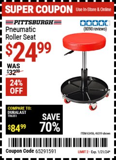 Harbor Freight Coupon MECHANIC'S ROLLER SEAT, PNEUMATIC ADJUSTABLE ROLLER SEAT Lot No. 61653/3338/61896/61160/63456/46319 Expired: 1/21/24 - $24.99