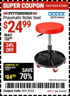 Harbor Freight Coupon MECHANIC'S ROLLER SEAT, PNEUMATIC ADJUSTABLE ROLLER SEAT Lot No. 61653/3338/61896/61160/63456/46319 Expired: 3/24/24 - $24.99