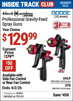 Harbor Freight Coupon BLACK WIDOW BY SPECTRUM PROFESSIONAL GRAVITY-FEED AIR SPRAY GUN WITH FAN CONTROL Lot No. 70412/56152/56153/59825 Valid: 12/31/69 - 4/2/26 - $129.99