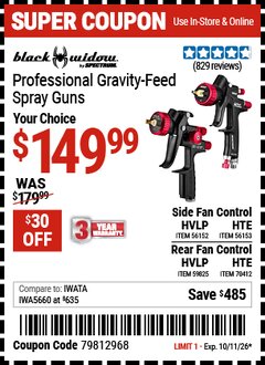 Harbor Freight Coupon BLACK WIDOW BY SPECTRUM PROFESSIONAL GRAVITY-FEED SPRAY GUNS Lot No. 56152/56153/59825/70412 EXPIRES: 10/11/26 - $149.99