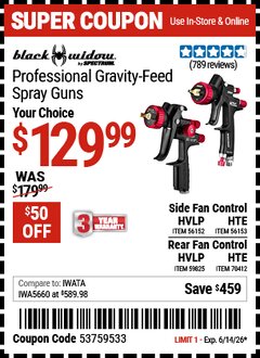 Harbor Freight Coupon BLACK WIDOW BY SPECTRUM PROFESSIONAL GRAVITY-FEED SPRAY GUN WITH FAN CONTROL Lot No. 56152/56153/59825/70412 Valid Thru: 6/14/26 - $129.99