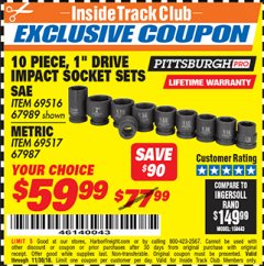 Harbor Freight ITC Coupon 10 PIECE 1" DRIVE IMPACT SOCKET SETS Lot No. 69516/67989/67987/69517 Expired: 11/30/18 - $59.99