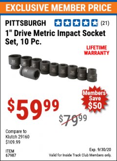 Harbor Freight ITC Coupon 10 PIECE 1" DRIVE IMPACT SOCKET SETS Lot No. 69516/67989/67987/69517 Expired: 9/30/20 - $59.99