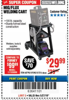 Harbor Freight Coupon CHICAGO ELECTRIC WELDING CART Lot No. 61316/69340/60790 Expired: 5/27/18 - $29.99