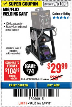 Harbor Freight Coupon MIG-FLUX WELDING CART Lot No. 69340/60790/90305/61316 Expired: 8/13/18 - $29.99