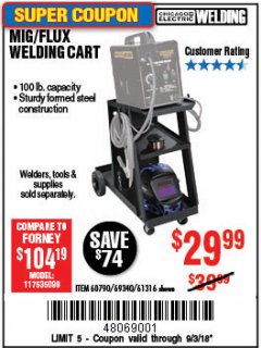Harbor Freight Coupon CHICAGO ELECTRIC WELDING CART Lot No. 61316/69340/60790 Expired: 9/3/18 - $29.99